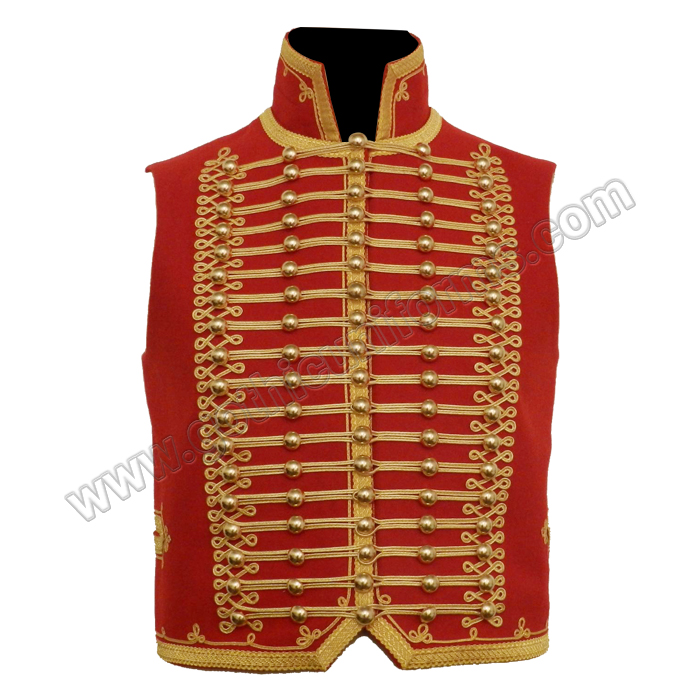  Gothic Men Red and light cavalry officer Waistcoat With Golden Braid and Brass Doom Buttons