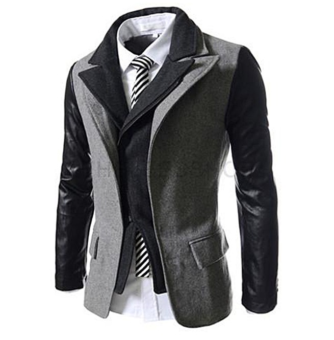 Goth Double Collar Pu Leather Sleeves Patchwork Suit Jacket Men