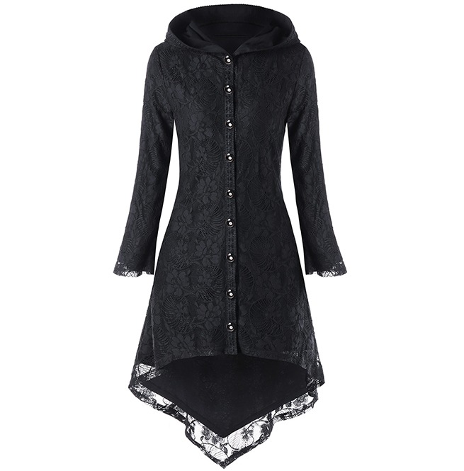 Gothic Asymmetric Black Hooded Lace Up Long Overcoat 