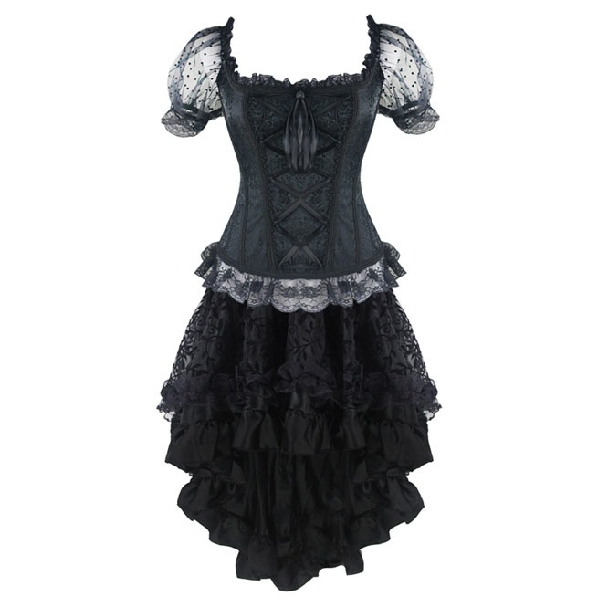 Goth Puff Mesh Sleeves Ruffle Overbust Lace Corset Dress 
