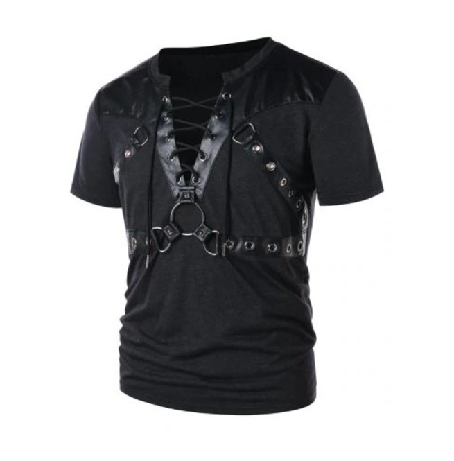 Men Black Goth Fetish Bondage Strap Faux Leather Lace Up O Ring T Shirt
