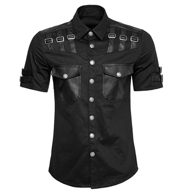 Mens Punk Summer Shirt Military Style Short Sleeve Gothic Black Shirt