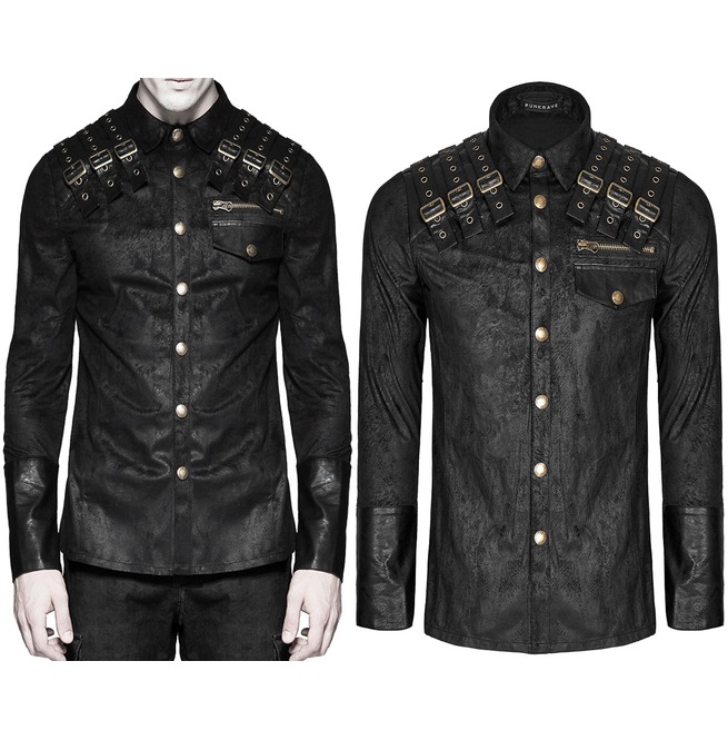 Men Dieselpunk Shirt Steam Punk Black Top Shirt Gothic Military Faux Leather